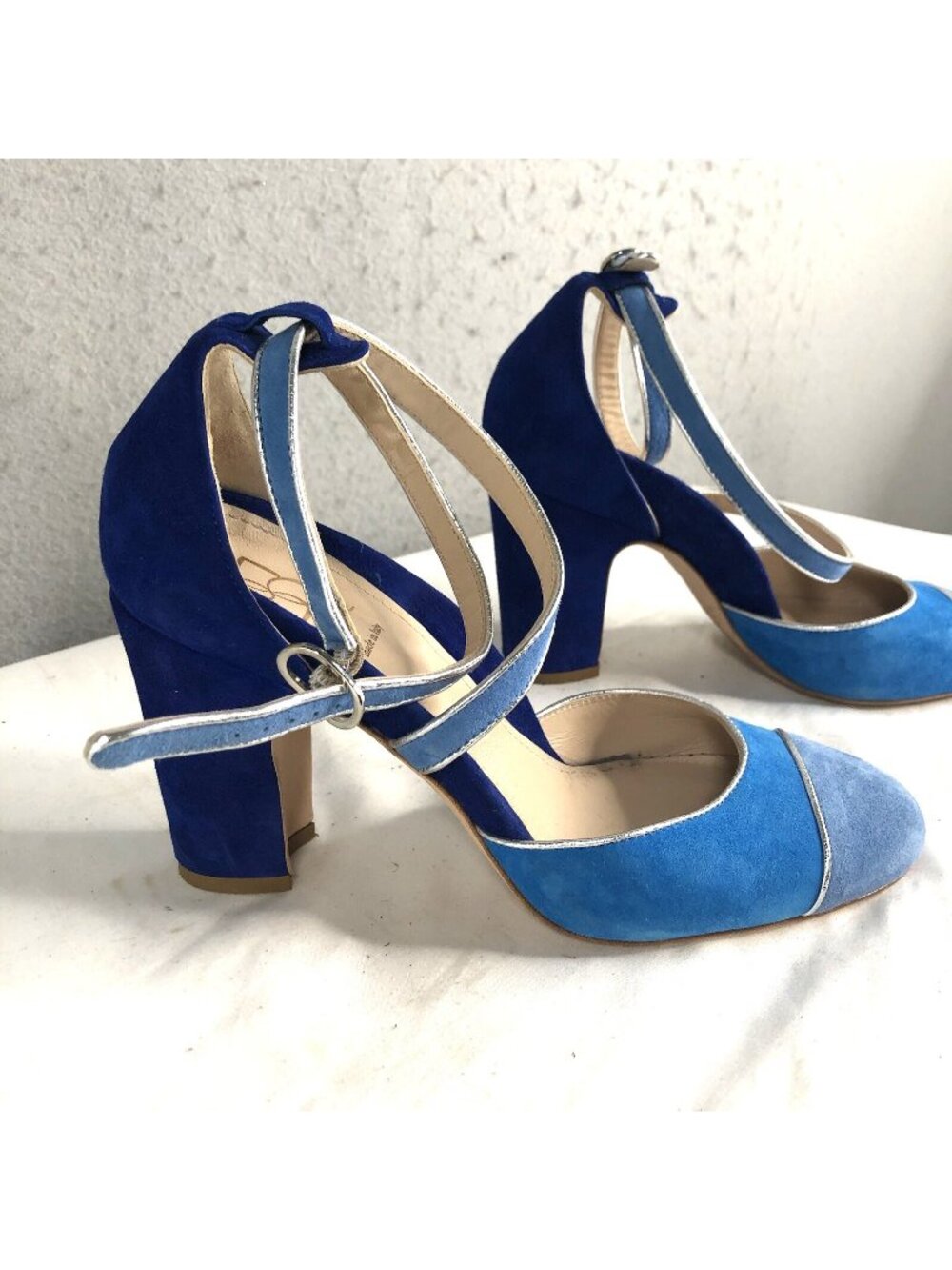 Mavette Shoes Womens 7.5 Blue Suede Nala D'orsay Pump Round Toe  Silver Piping